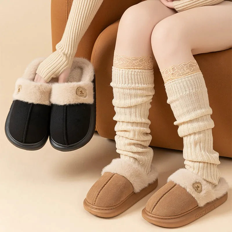 Plush fleece winter slippers with thick PVC soles in black, blue, brown, khaki or pink