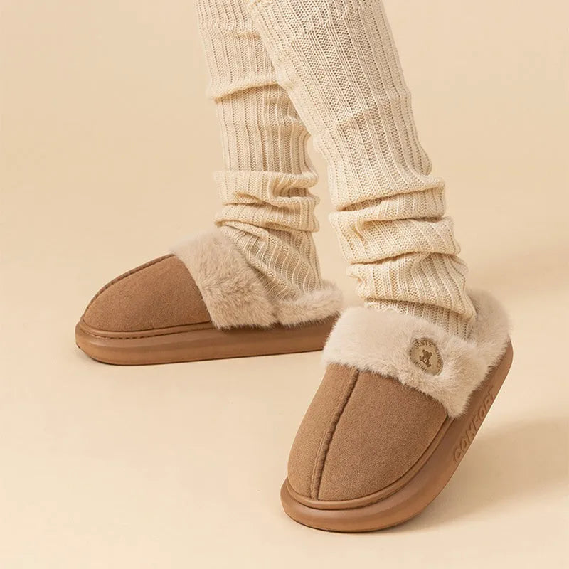 Plush fleece winter slippers with thick PVC soles in black, blue, brown, khaki or pink