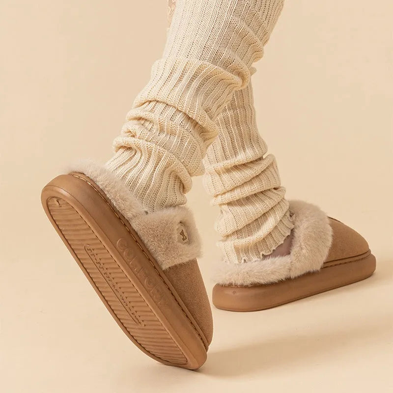 Plush fleece winter slippers with thick PVC soles in black, blue, brown, khaki or pink