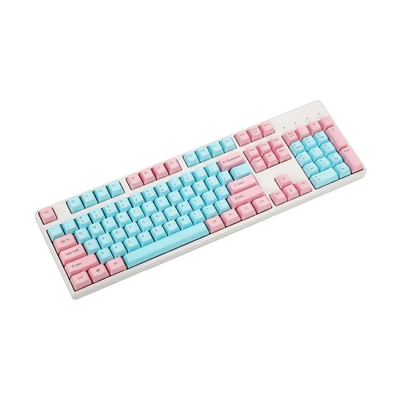Set of opaque pink PBT keycaps with side-printed legends for a mechanical keyboard.