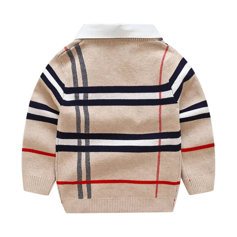 Boys plaid jacquard pullover sweater in apricot and navy blue colours with long sleeves