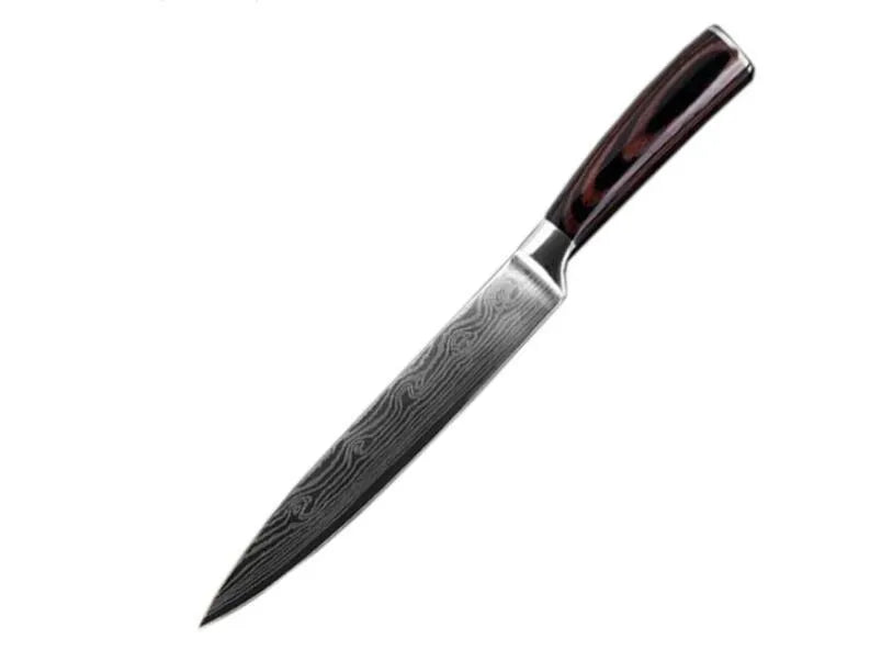 7Cr17 stainless steel kitchen knife with Damascus patterned 18 cm blade and coloured wood handle