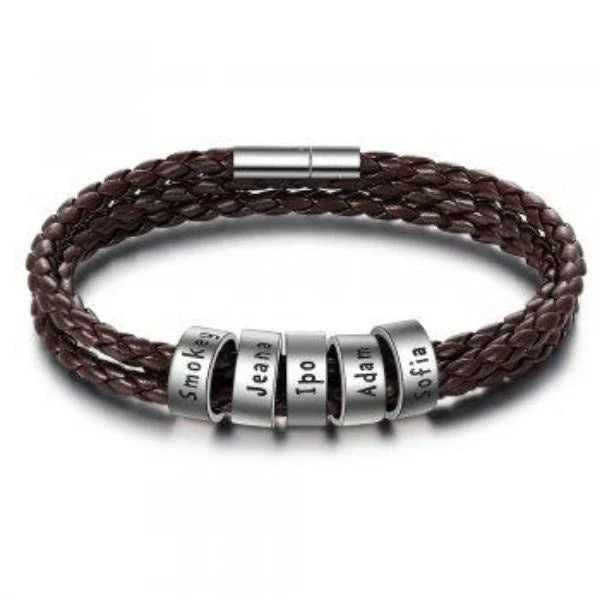 Personalized leather bracelet with engraved name charm for men, featuring a braided design and stainless steel beads