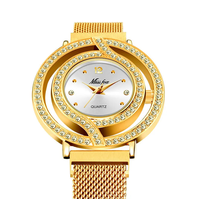 Quartz wrist watch with 32mm round alloy case, Milano mesh stainless steel strap, and magnet closure in golden blue dial option