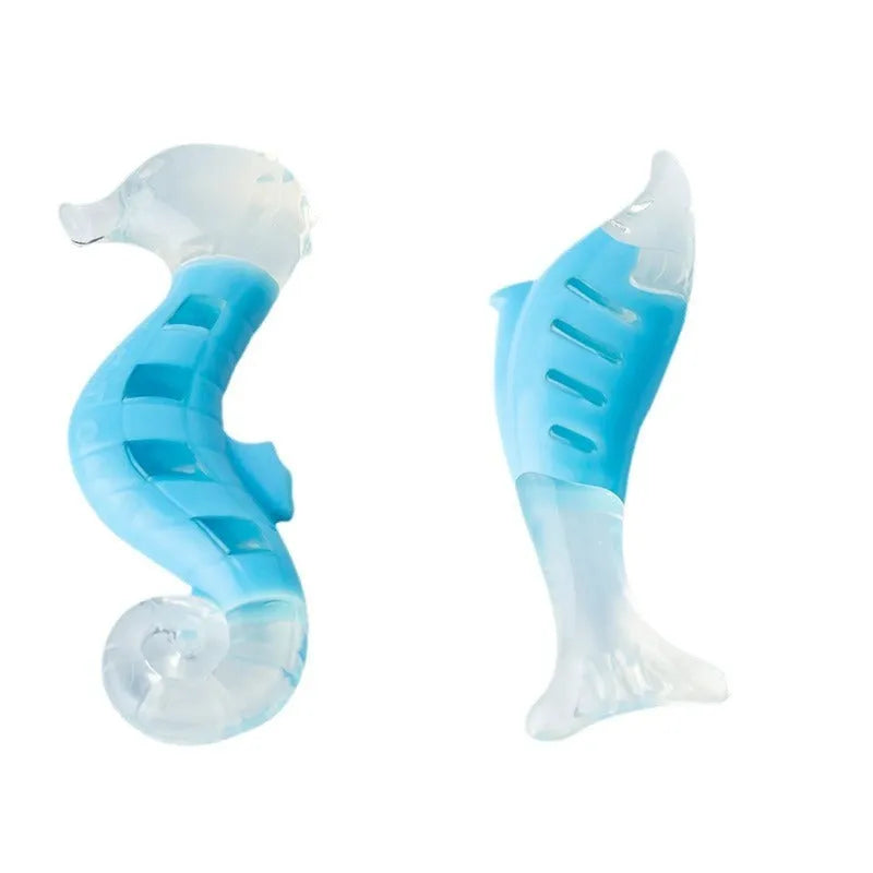 Two PU nylon dog chewing toys: a blue seahorse and an orange tuna on a white background