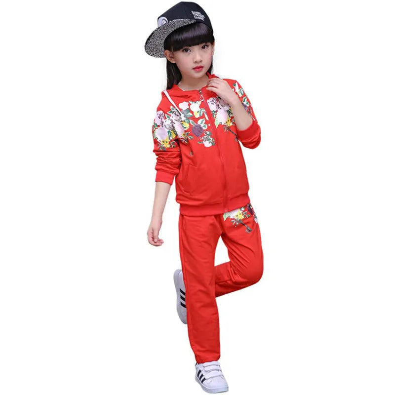 Children's pink red yellow hooded tracksuit set for middle school kids with size chart