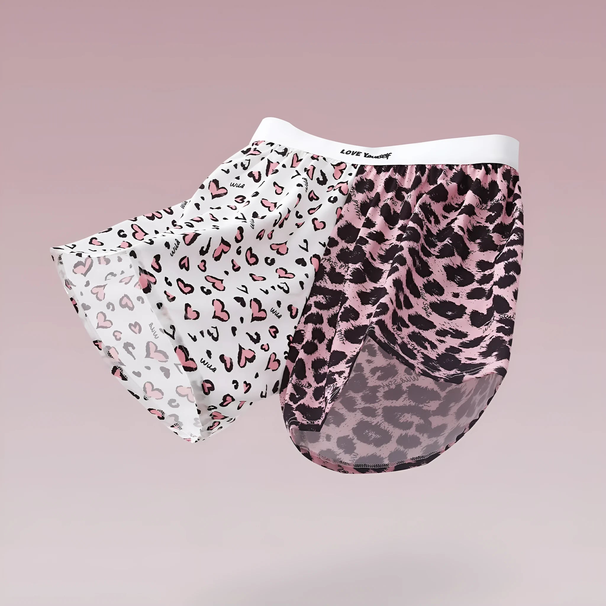 Men's leopard print woven boxer briefs in ice silk polyester fabric showing animal pattern design