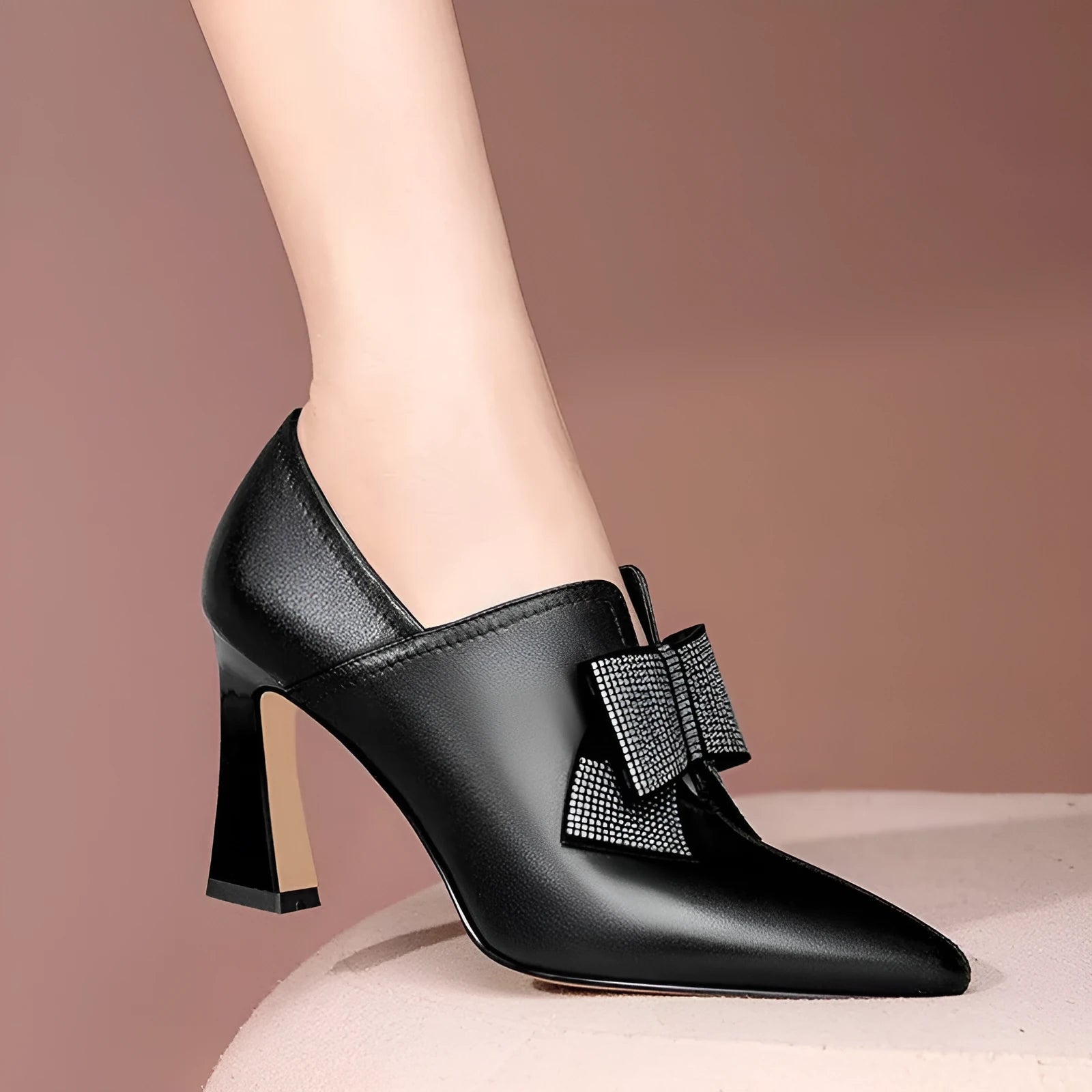 Women's fashion bow boots with rhinestones, chunky heel, pointed toe, black colour, side view