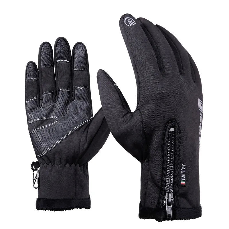 Pair of insulated mittens in black, grey, blue, and pink made from fleece and diving cloth