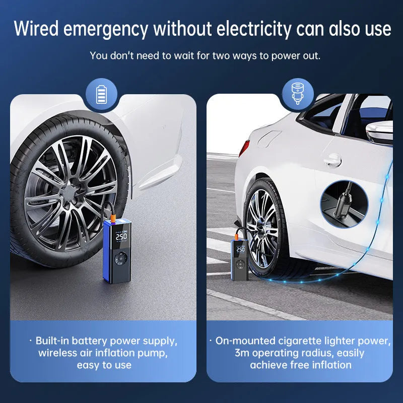 Blue wireless portable car tyre inflator with digital display and warning light