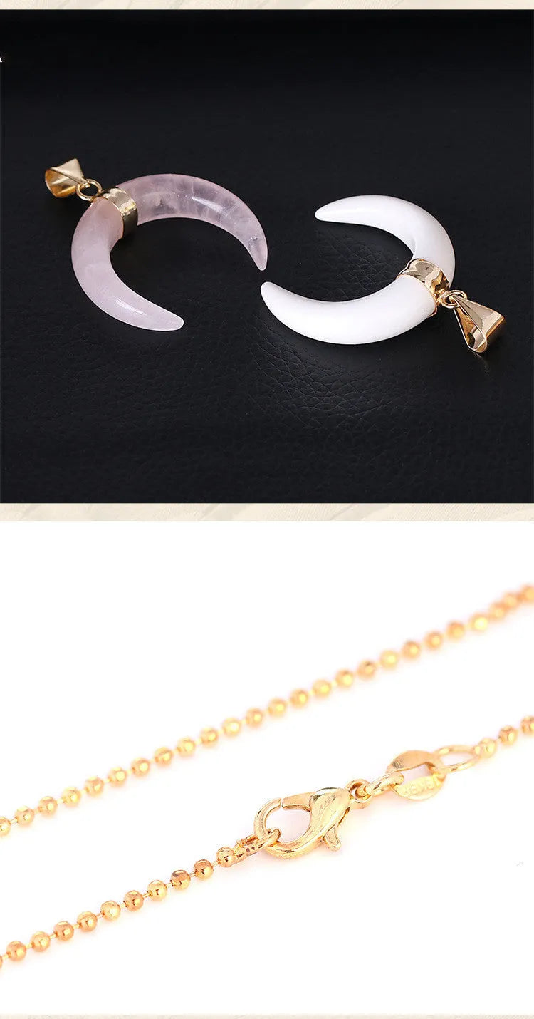 Crystal moon pendant necklace with natural stone on electroplated copper chain in pink or purple colour options