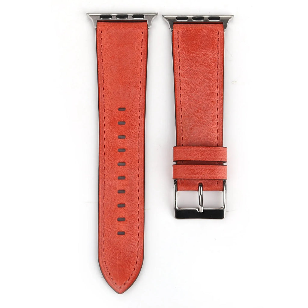Coloured leather watch strap with a folding buckle on a watch case.