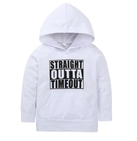 Boys' black hooded sweater with white letter pattern, long sleeves, and pullover style