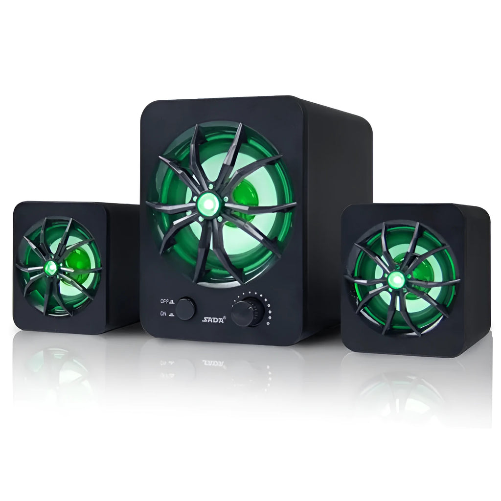 Green USB computer speaker with colourful glowing lights showing USB and 3.5mm ports