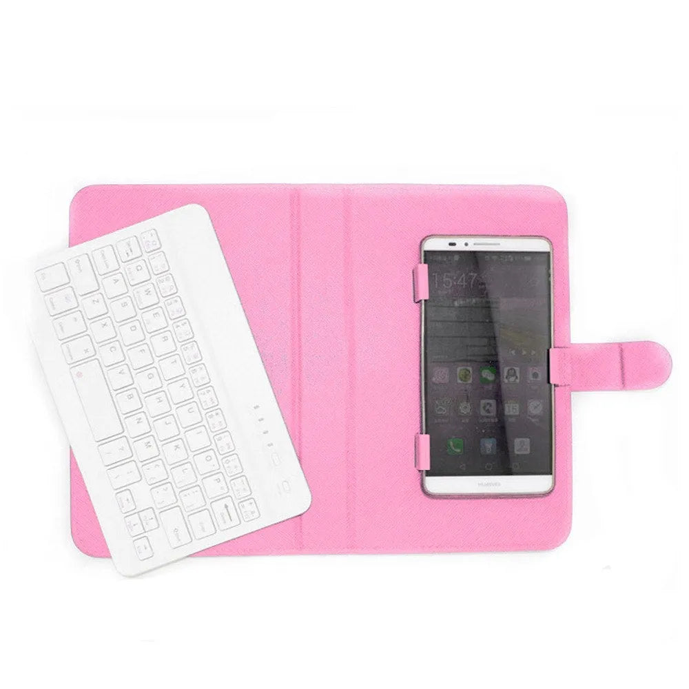 A black wireless Bluetooth keyboard next to its protective holster case, compatible with all phones and tablets.