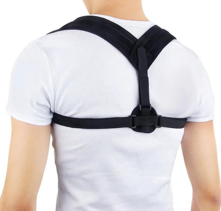 Black breathable posture correction belt with figure 8 design and adjustable straps on a plain background