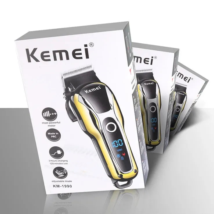 Professional rechargeable hair clipper with lithium battery, 4 guide combs, and UK adapter option on white background
