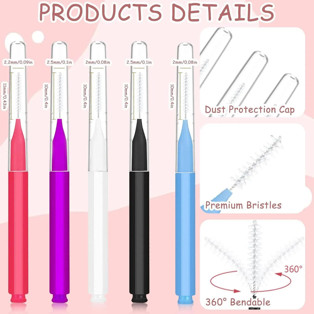 Set of micro eyebrow and eyelash brushes with protective caps in various colours on a white background.