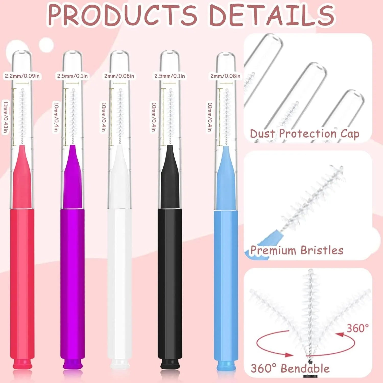 Set of micro eyebrow and eyelash brushes with protective caps in various colours on a white background.