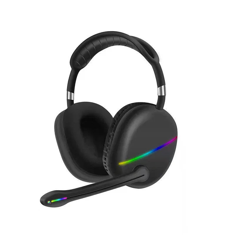 Blue wireless Bluetooth gaming headset with illuminated RGB lights on the ear cups.