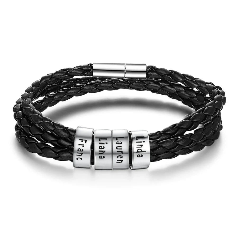 Personalized leather bracelet with engraved name charm for men, featuring a braided design and stainless steel beads