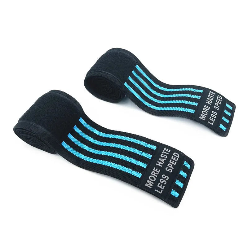 Weightlifting strength wristband in blue nylon with adjustable strap on gym floor