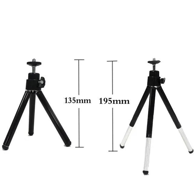 Mini desktop tripod with extendable aluminium legs and U-shaped phone clip for cameras and mobile devices