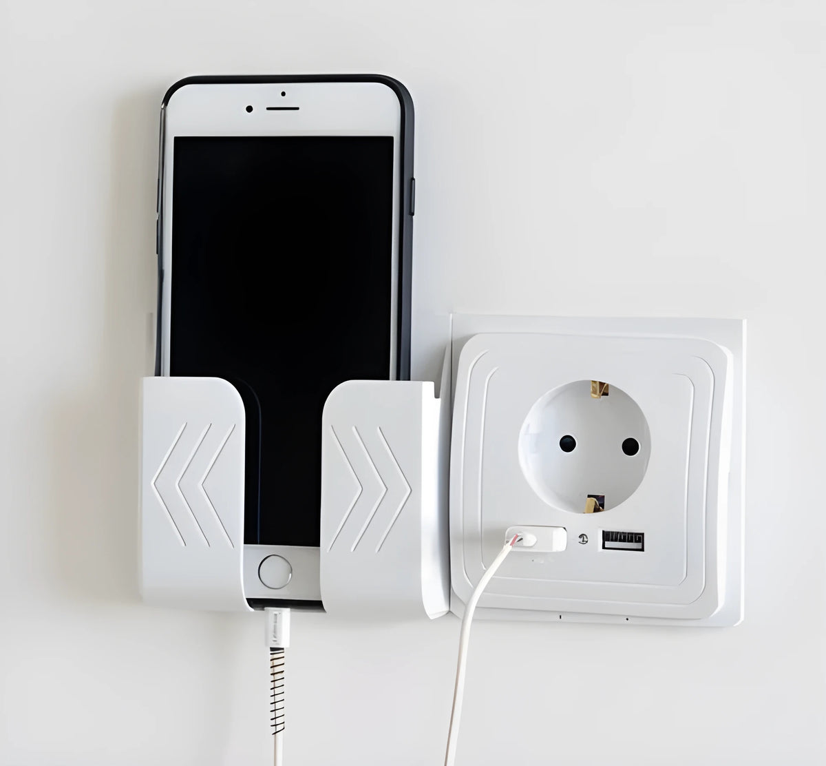 White dual USB wall charger adapter with 2A output, two-pronged outlet, LED indicator, 80mm x 80mm x 45mm panel.