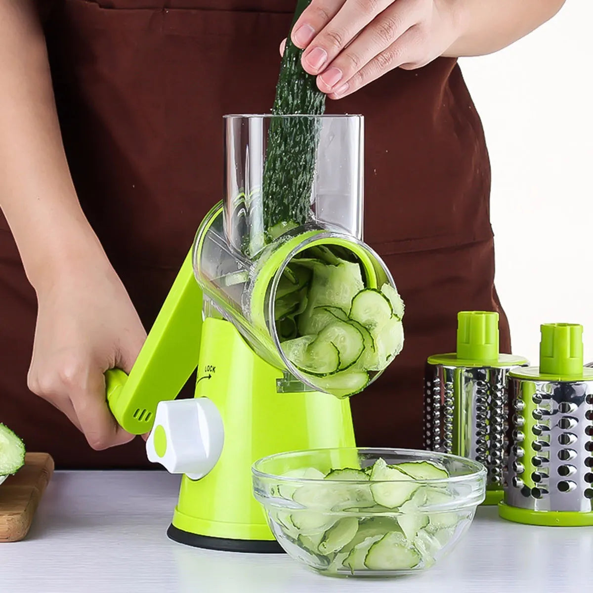 Mandoline slicer vegetable cutter with three stainless steel blades in blue green colour