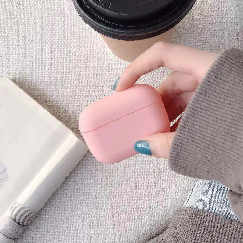 Plastic protective case for compatible AirPods Pro earbuds shown in a selection of colours.