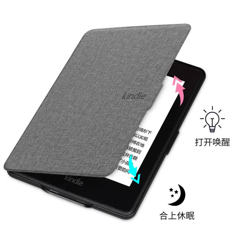 Linen-textured leather hard case for Kindle Paperwhite e-reader with magnetic closure, shown in purple colour.