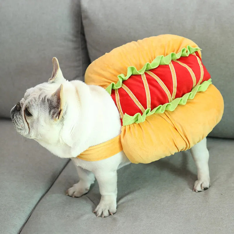 Yellow dog hot dog costume on small dog with 57cm neck and 27cm length cotton synthetic fibre fabric