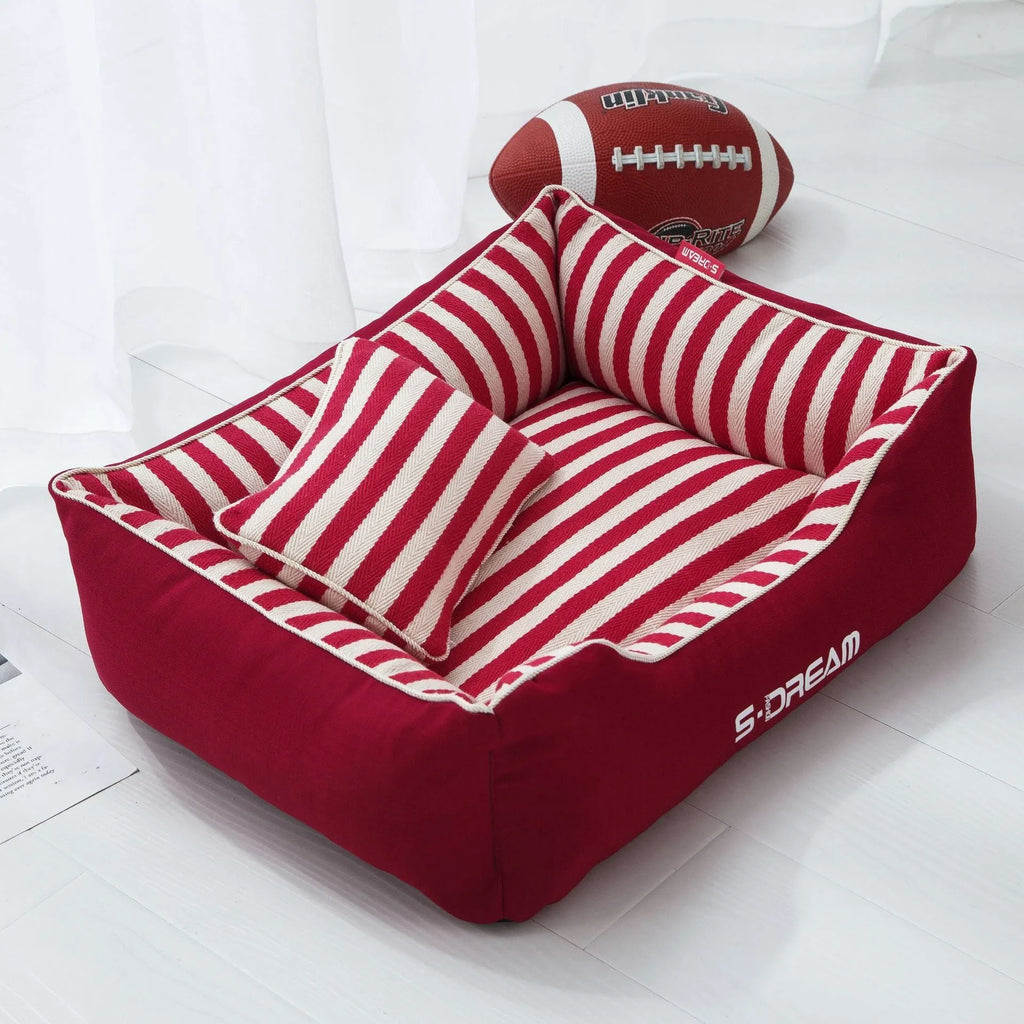 Navy stripes dog kennel mat with removable washable cover and mini pillow in crate