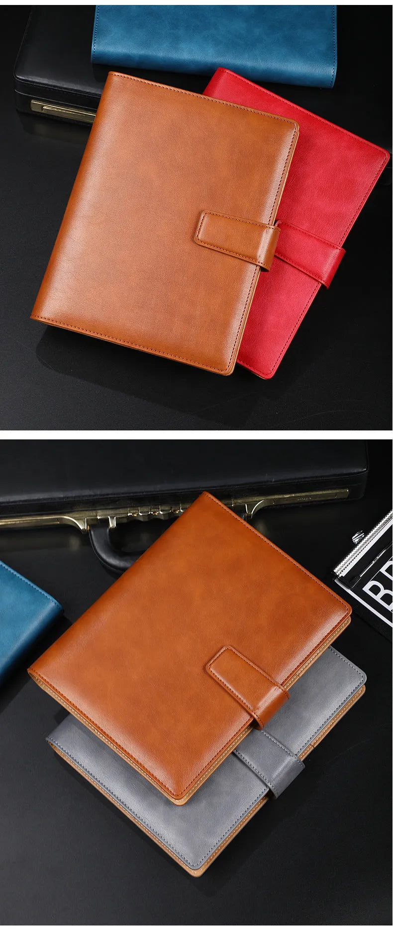 A5 leather notebook with 6-hole binder clip closure and hard cover