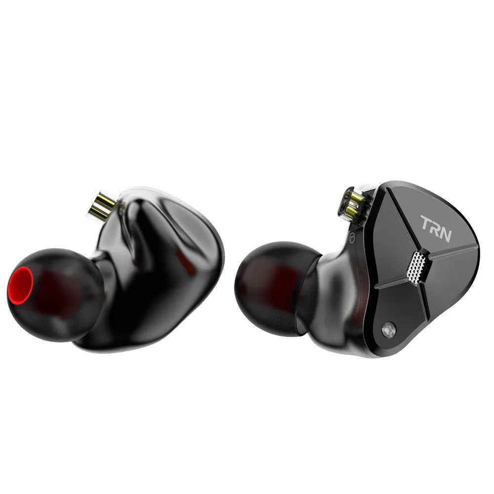 Black in-ear mobile phone headset with 3.5mm straight plug and optional microphone attachment