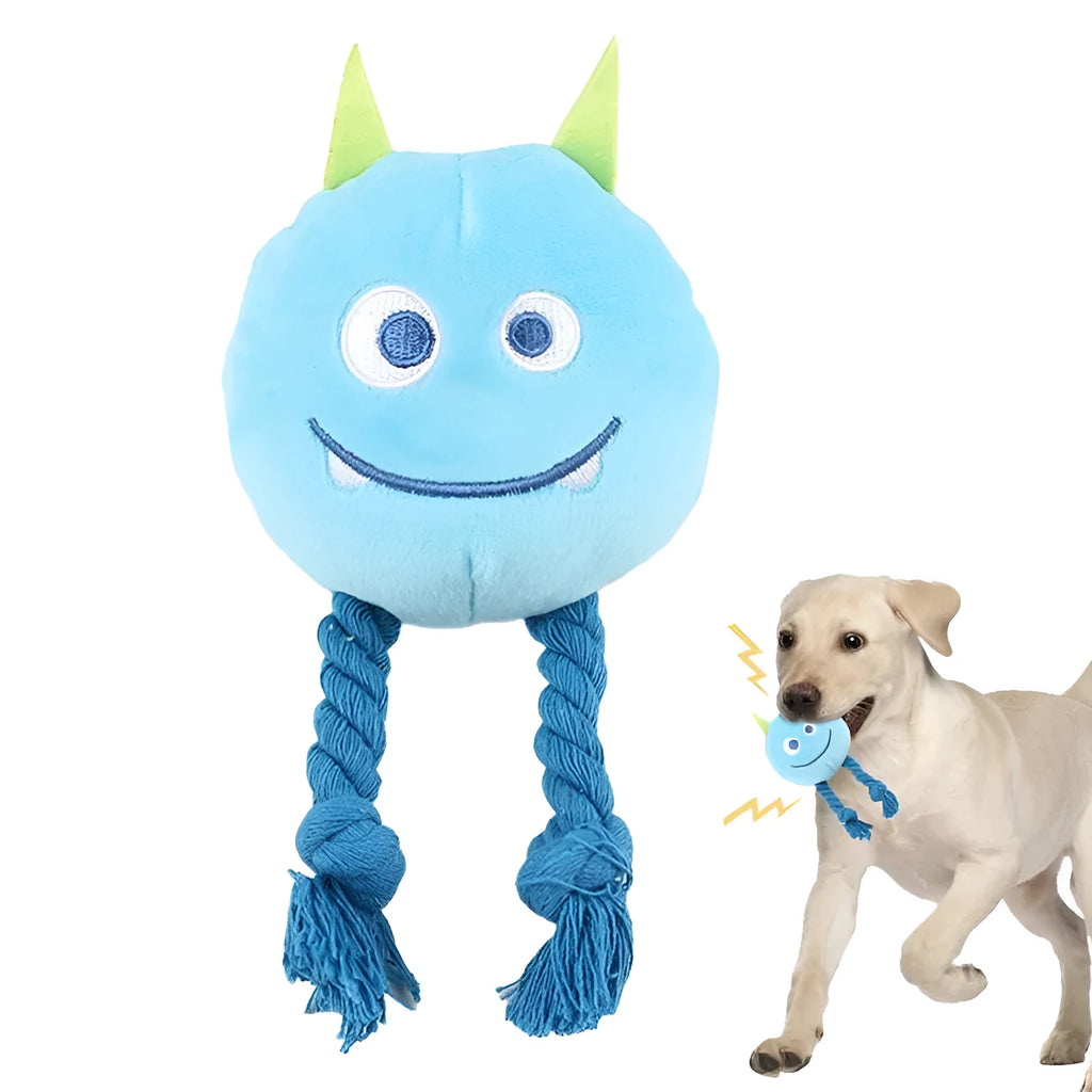 Blue cartoon-shaped dog squeaky toy with knotted cotton rope construction