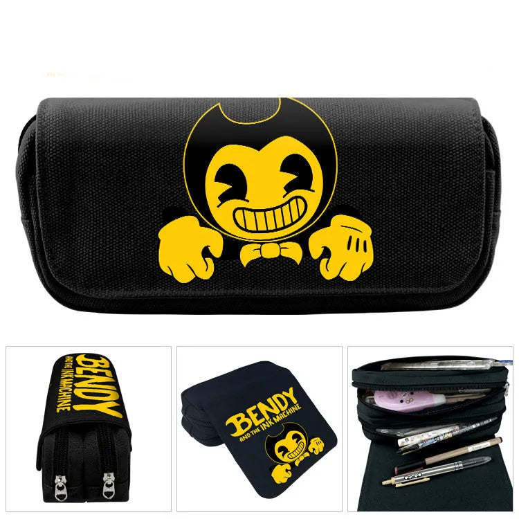 Cartoon canvas student stationery pencil case with printed characters in compact 20x9x6.5cm size