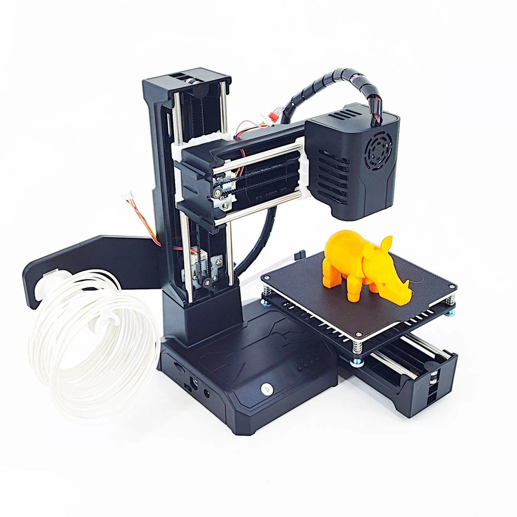 K9 Mini FDM 3D Printer in black or blue, showing compact design with 100mm print bed for PLA toy and model creation.