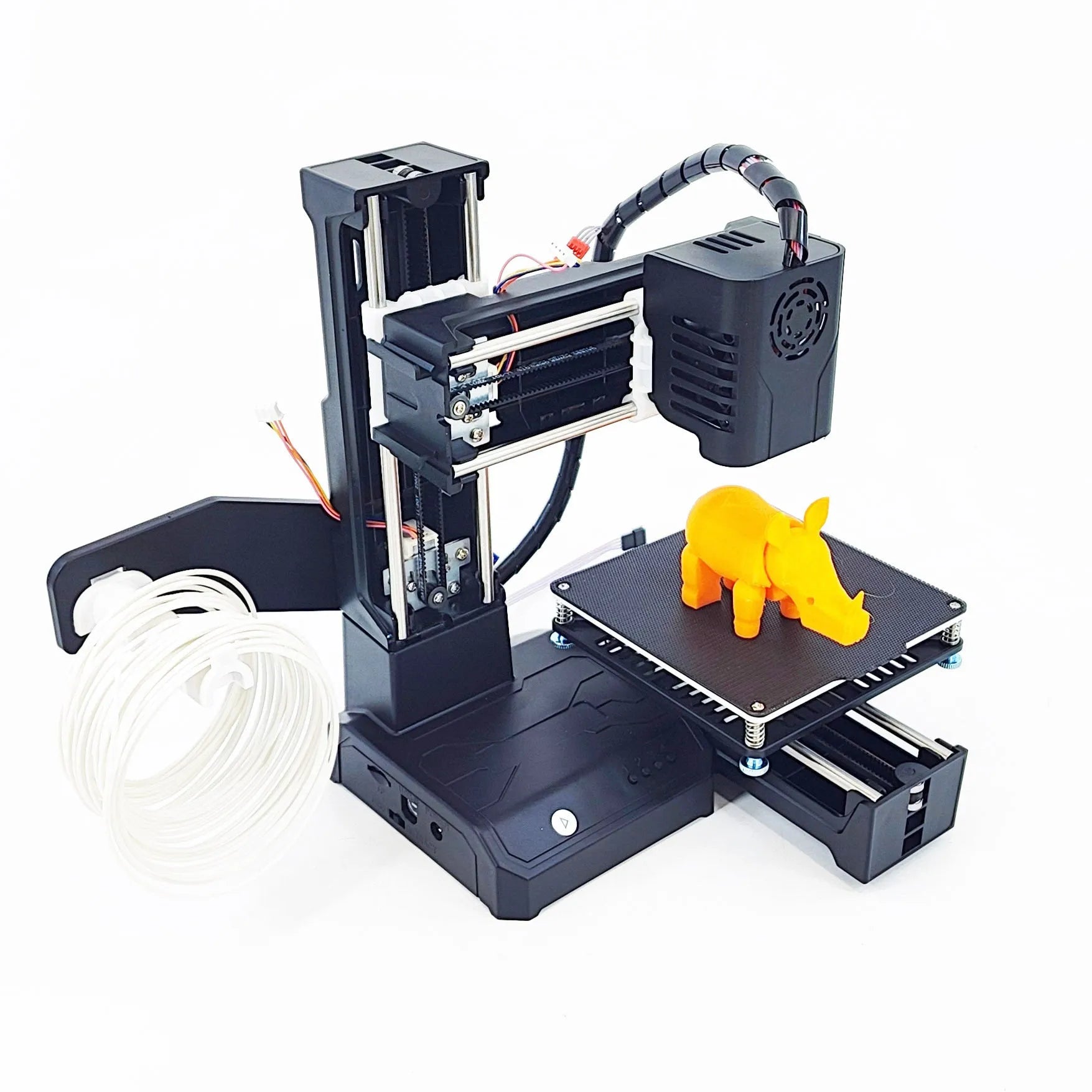 K9 Mini FDM 3D Printer in black or blue, showing compact design with 100mm print bed for PLA toy and model creation.