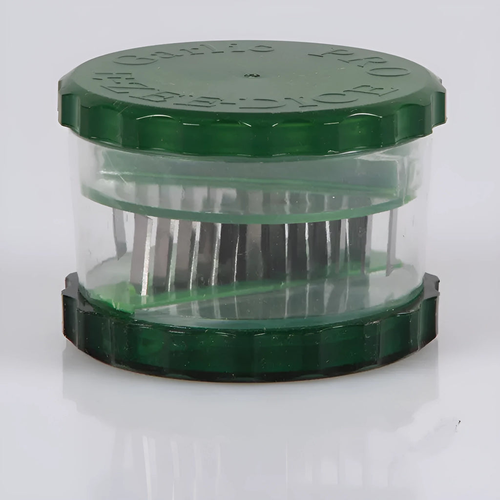 Green transparent plastic garlic peeler with silicone roller for removing skins.