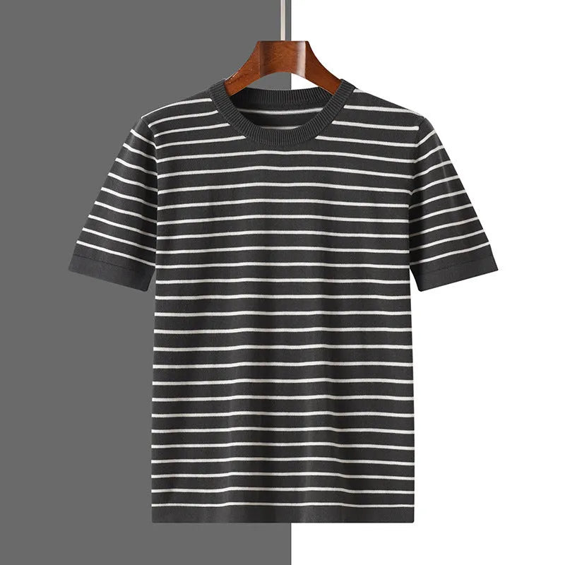 Men's striped short sleeve round neck pure cotton top in gold camel, grey, or black, sizes S to XXXL