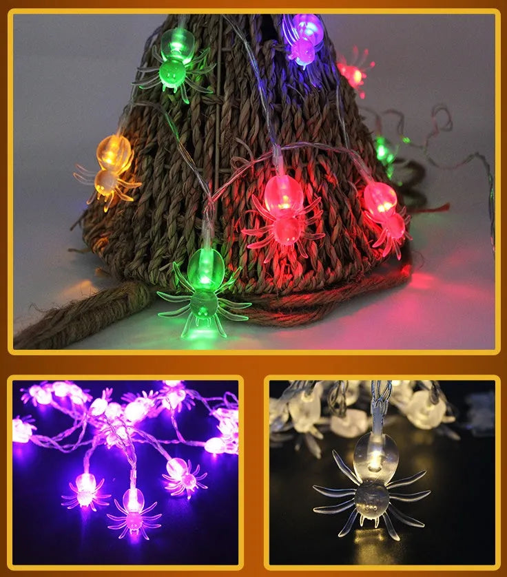 Halloween LED string lights with bat, ghost, pumpkin, and spider pendants on a 1.2 metre white wire.