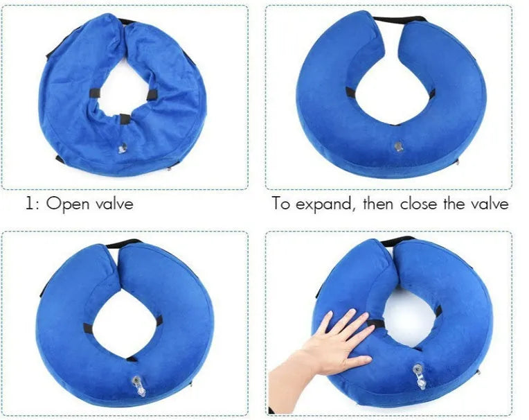 Protective inflatable collar for dogs and cats in blue, cloth and PVC construction, size S to XL