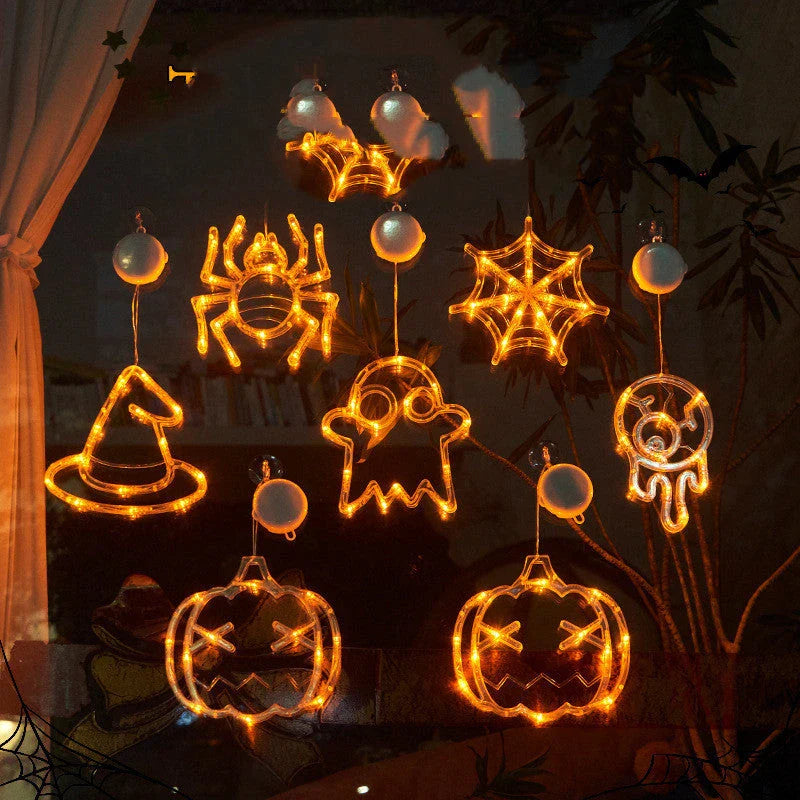 Halloween Window Hanging LED Lights with spooky designs of spiders, pumpkins, and ghosts