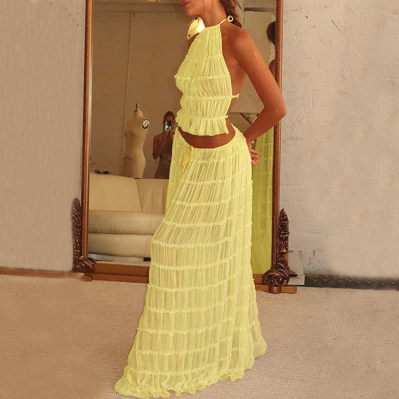 Sleeveless backless cropped halter top and pleated maxi dress set in various colors