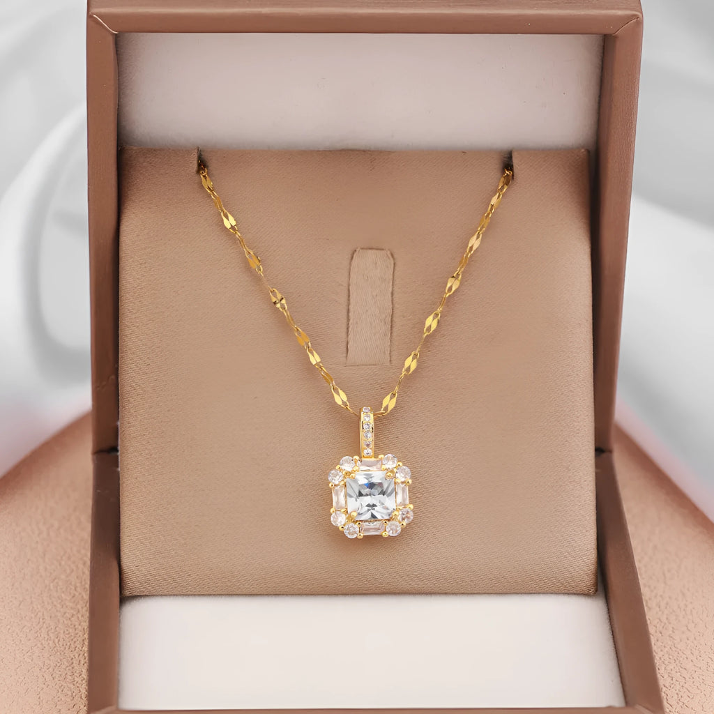 Gold titanium steel clavicle necklace with geometric quadrilateral pendant containing zircon stones