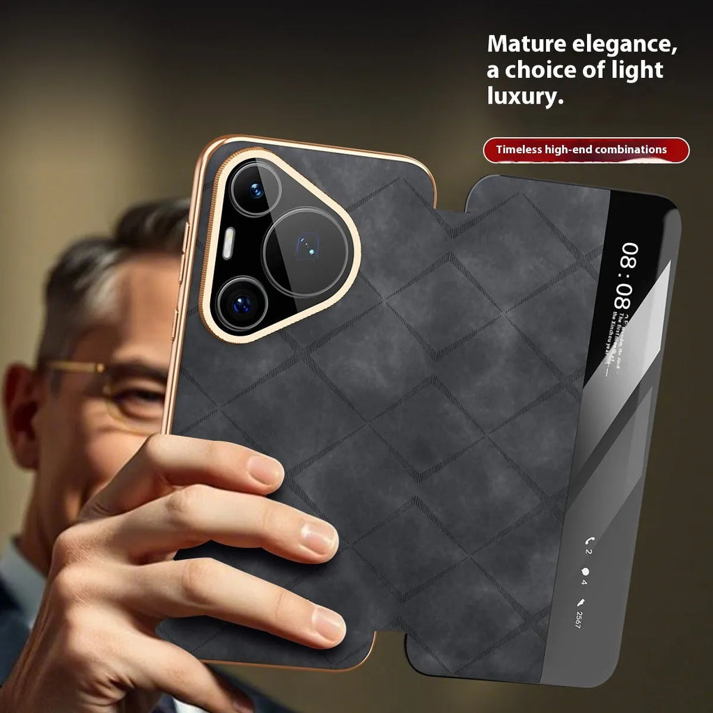 Huawei phone case with electroplated diamond grid pattern on embossed imitation leather.