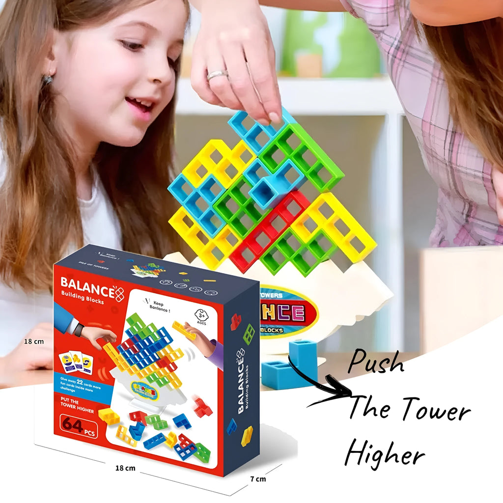 Plastic balance stacking game with coloured building blocks, chassis, and base on a table