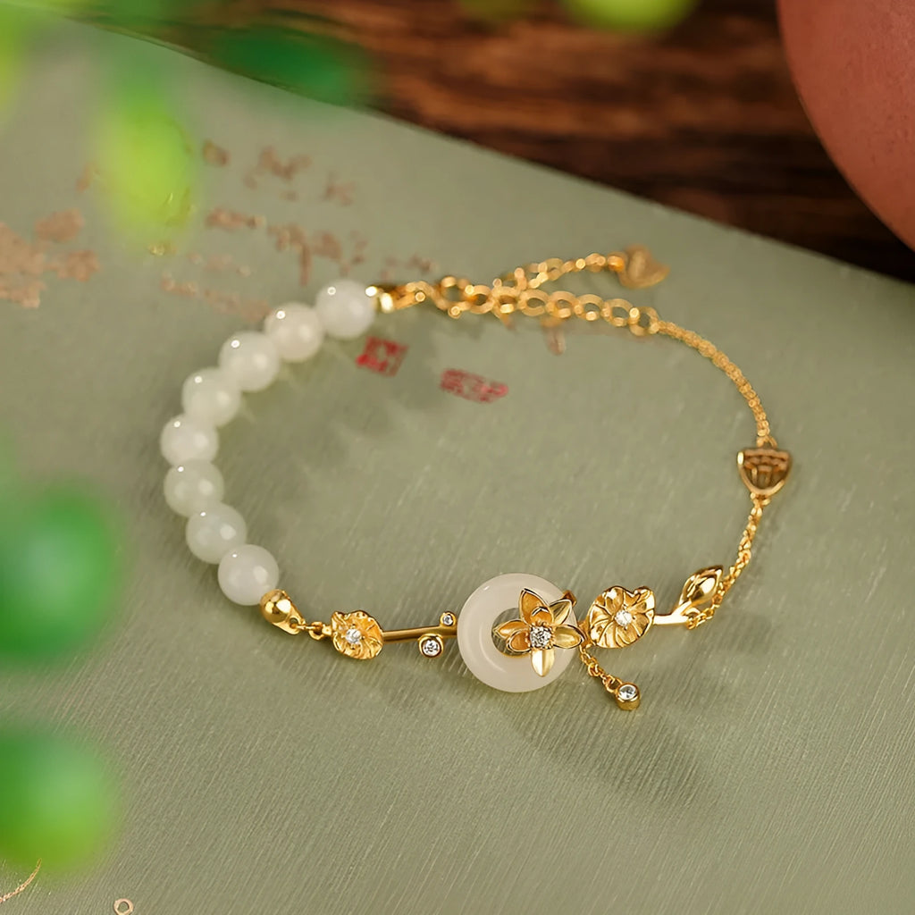 Women's antique silver bracelet with peace buckle clasp and inlaid Hetian jade lotus charm