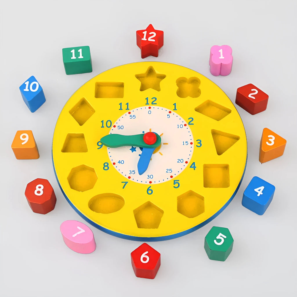 Wooden shape number clock teaching aid with digital alarm clock colour finish on white background
